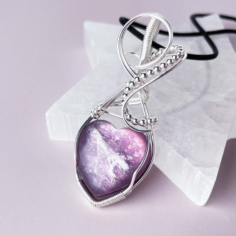 Stone & Spectra handmade Gem Lepidolite heart pendant in silver wire.